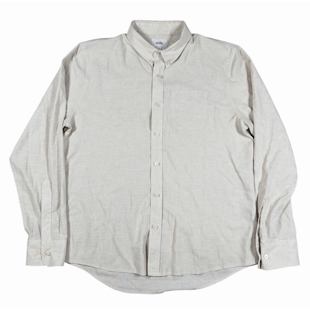 HUCKBERRY Wills Mens L Linen Blend Shirt Long Sleeve Beige Non Wrinkle Button Up